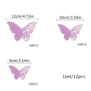 Size guide for purple 3D hollow butterfly wall stickers showing 12cm, 10cm, and 8cm dimensions