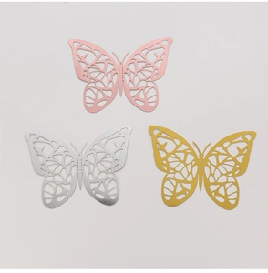 Detail of hollow 3D butterfly wall stickers in rose gold, silver, and gold metallic finishes