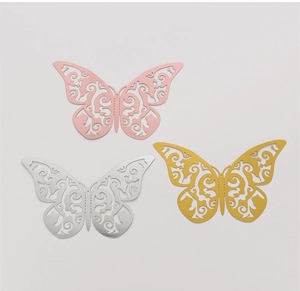 Detailed laser-cut hollow butterfly wall stickers in gold, silver, and pink metallic paper
