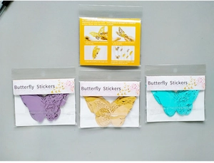 Detail of 3D hollow butterfly stickers in packaging with English installation instructions