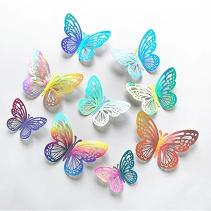 Close-up of 3D laser-cut butterfly wall stickers with colorful gradient laser effect