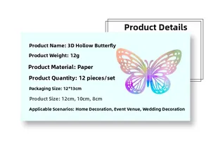 Detail guide of 3D cutout butterfly stickers in three sizes for wall decoration