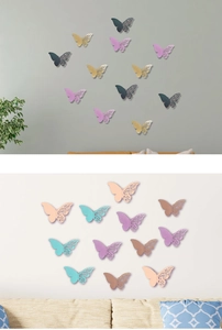 3D laser-cut butterfly wall decals featuring hollow pearl paper and metallic finishes