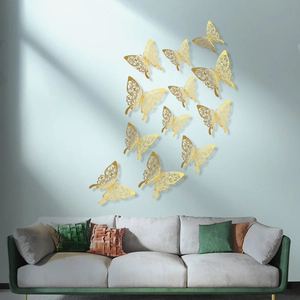 Set of 12 gold 3D hollow metallic butterfly wall stickers for living room decor