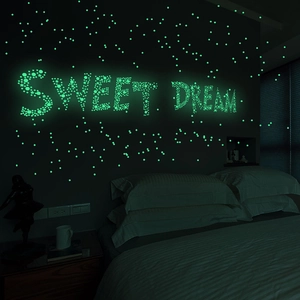 Leuchtende Stern und Punkt Wandaufkleber bilden Sweet Dream Schriftzug im dunklen Zimmer