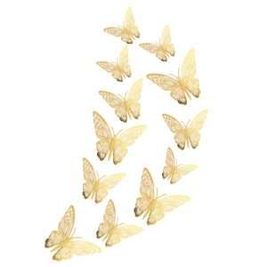 Set of 12 hollow 3D gold butterfly wall stickers with elegant metallic cutout patterns