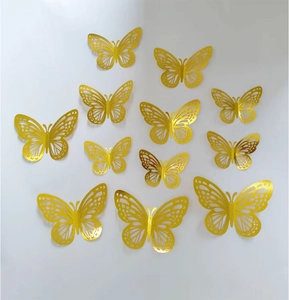 Set of 12 golden 3D hollow butterfly wall stickers with metallic mirror finish in 3 sizes