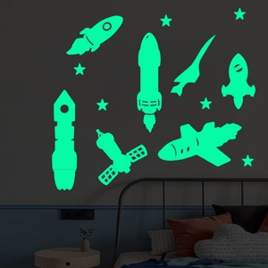 Leuchtende Weltraum Raketen Wandtattoo Kinderzimmer leuchtende Sterne und Satelliten Deko