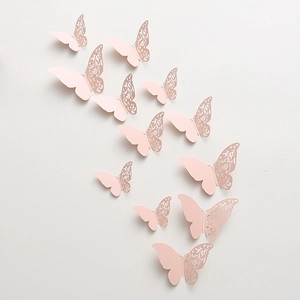Set of 3D hollow pink pearlescent paper butterfly wall stickers for home decor
