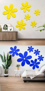 Détail de stickers muraux fleurs miroir 3D en jaune et bleu pour décoration maison