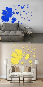 3D acrylic mirror wall stickers featuring fairy and heart shapes in blue and gold colors