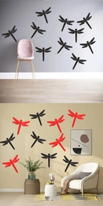 Detalle de pegatinas de pared espejo libélula 3D en acrílico negro y rojo para hogar