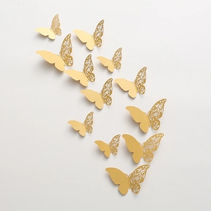 Set of 12 gold 3D hollow butterfly wall stickers with metallic pearlescent paper finish