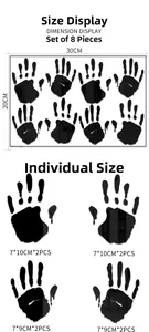 Size guide for 8-piece Halloween handprint mirror wall decals with dimensions in centimeters