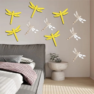Pegatinas de pared de libélula acrílica espejo set de 10 en amarillo y plata para cuarto
