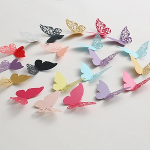Macro detail of 3D hollow butterfly wall stickers with various pearlescent paper colors
