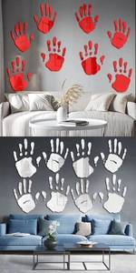 Detailed view of Halloween bloody handprint mirror wall stickers in red and silver acrylic