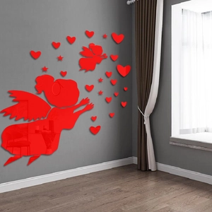 Red 3D mirror heart and angel wall stickers set for living room and bedroom decor