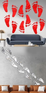 Modern acrylic footprint mirror wall stickers in red and silver for living room decor