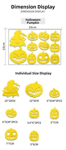 Detailed dimension guide for 11pcs acrylic Halloween pumpkin wall stickers with sizes