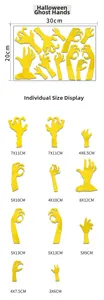 Detailed size guide for yellow Halloween ghost hand wall stickers and scary decor