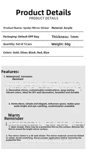 Detailed specifications of 12-piece acrylic spider mirror wall stickers for Halloween decor