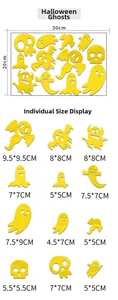 Detailed view of yellow Halloween ghost and skull acrylic wall decals with size dimensions