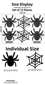 Detailed size chart for 12pcs Halloween acrylic mirror spider and web wall decals
