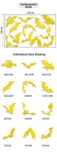 Size display for Halloween yellow bat acrylic wall stickers featuring 12 dynamic poses