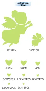 Detailed size specifications for luminous angel and heart wall stickers set in bright green