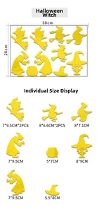 Detailed sheet showing various yellow Halloween witch and pumpkin acrylic mirror wall decals