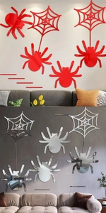 Detail of red and silver acrylic spider mirror wall stickers for Halloween home decor