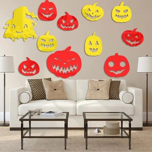 Halloween pumpkin and ghost acrylic mirror wall stickers in festive living room layout