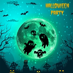 Luminous Halloween wall sticker showing a glowing moon with bat and ghost patterns