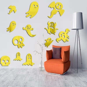 Ghost and skull acrylic mirror wall decals in bright yellow for Halloween home decoration