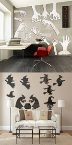 Halloween acrylic mirror wall stickers with spooky hand and witch cauldron silhouettes