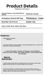 Technical specifications for self-adhesive skull mirror wall stickers made of 1mm acrylic