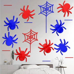 Detail of red and blue mirror acrylic spider and web wall stickers for Halloween decor