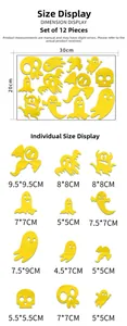Detailed size chart for 12pcs ghost acrylic mirror wall stickers halloween decoration set