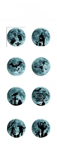 Detailed grid view of 8 Halloween moon wall stickers featuring bats, ghosts and witches