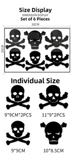 Detailed size specifications for 6 pieces of skull mirror wall stickers for Halloween decor