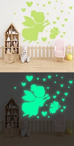 Luminous wall stickers featuring glowing angel silhouette, hearts and stars in the dark
