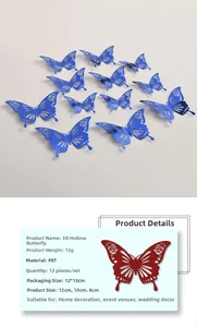 Détail de stickers muraux papillons 3D ajourés en différentes tailles avec matériau PET