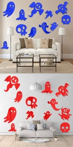 Close-up of blue and red acrylic ghost mirror wall stickers for Halloween home decor