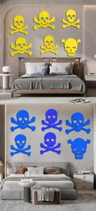 Macro view of skull acrylic mirror wall stickers in yellow and blue for Halloween decor