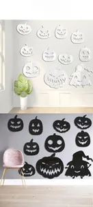 Detailed comparison of silver mirror and black pumpkin wall stickers for Halloween decor