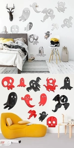 Detailed mirror acrylic ghost wall stickers in silver and red for Halloween decor