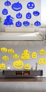 Macro detail of acrylic mirror pumpkin wall stickers in yellow and blue for Halloween