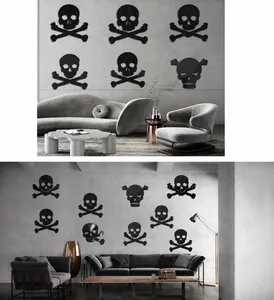 Detail view of modern skull mirror wall stickers in black and yellow for living room