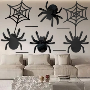 Black acrylic spider and cobweb mirror wall stickers for Halloween home decor